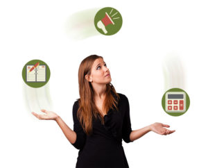 Business woman juggling circles illustrating scheduling, bullhorn and calculator