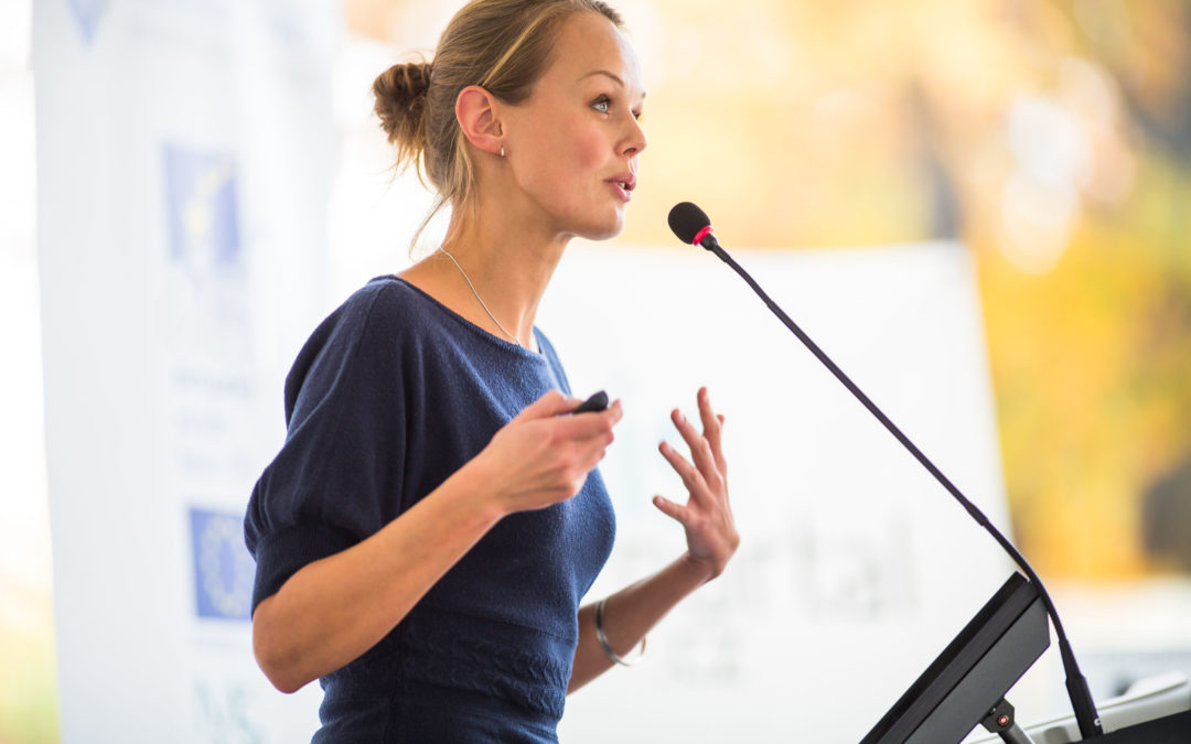 Pretty, young business woman giving a presentation in a conference/meeting setting